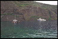 Tourist boats visit Captain Cook Monument.  Kealakekua Bay.  Big Island. Hawaii.