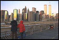 Red Jacket.  Sunrise.  Brooklyn Bridge.  New York City.