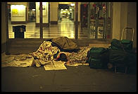 Travelers sleeping outside central train station in Stockholm (which is locked at night)