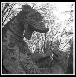 Parco dei Mostri (park of monsters), below the town of Bomarzo, Italy (1.5 hours north of Rome).  This was the park of the 16th century Villa Orsini and is filled with grotesque sculptures.