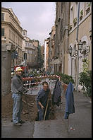 Workers digging up the street in Rome's old Jewish ghetto