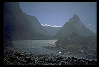 Mist over the Milford Sound.  South Island, New Zealand.
