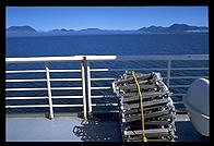 Chairs stacked on the deck of an Alaska Marine Highway ferry. 