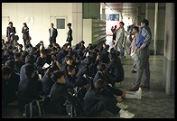 Schoolkids and bullhorn.  Kyoto Station