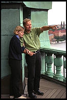 A Swedish couple on Stadshuset balcony in Stockholm.  The woman was afraid of heights.