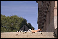 Sleeping person in Gamla Stan in central Stockholm