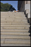 Sleeping person in Gamla Stan in central Stockholm