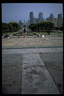 Downtown Philadelphia, with Rocky's feet in the foreground.  From the top of the steps of the Philadelphia Art Museum.