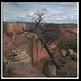 A view of the Spider Rock in Canyon de Chelly. This is where the spider woman came down and taught the Navajo how to weave.