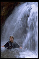 Eve Andersson in waterfall.  Grand Canyon National Park.